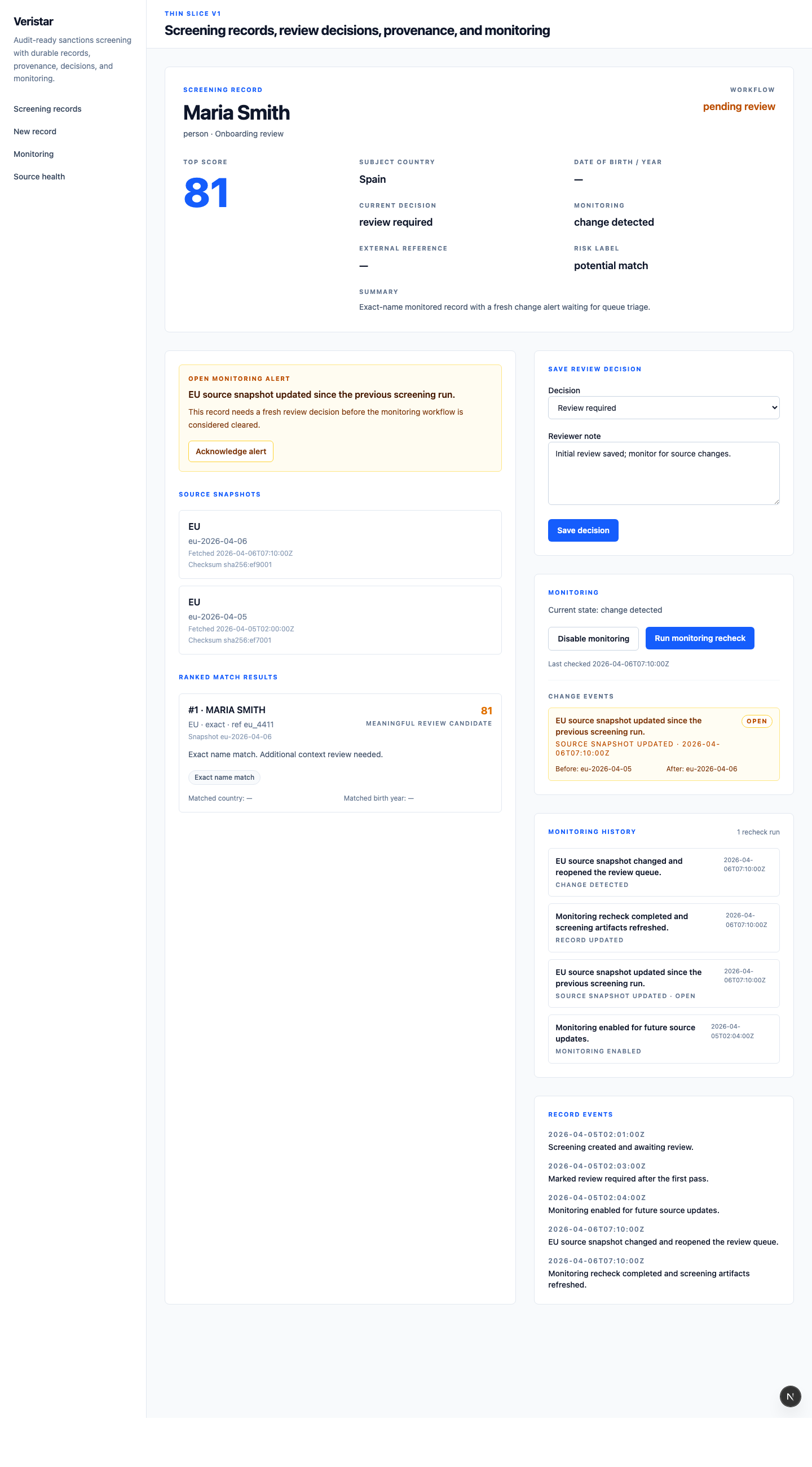VeroFlag screening record detail with an acknowledged monitoring alert, snapshot provenance, and monitoring history
