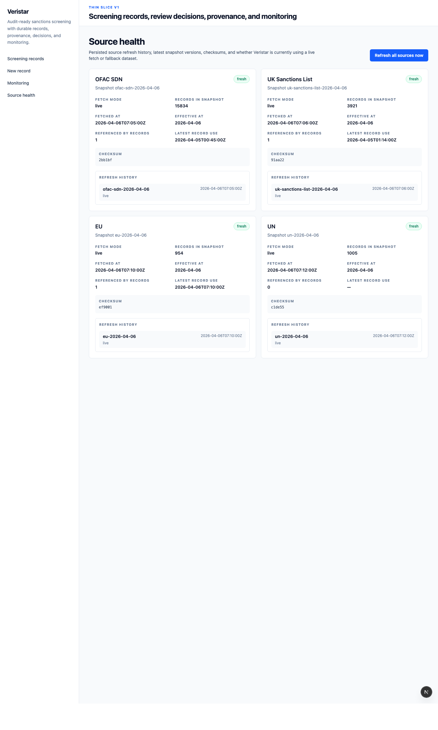 VeroFlag source health page showing persisted refresh history and checksums